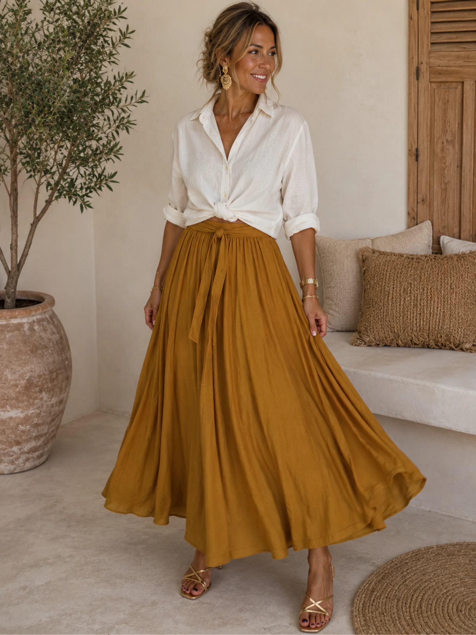 Esprit maxi rok okergeel strikdetail maat M